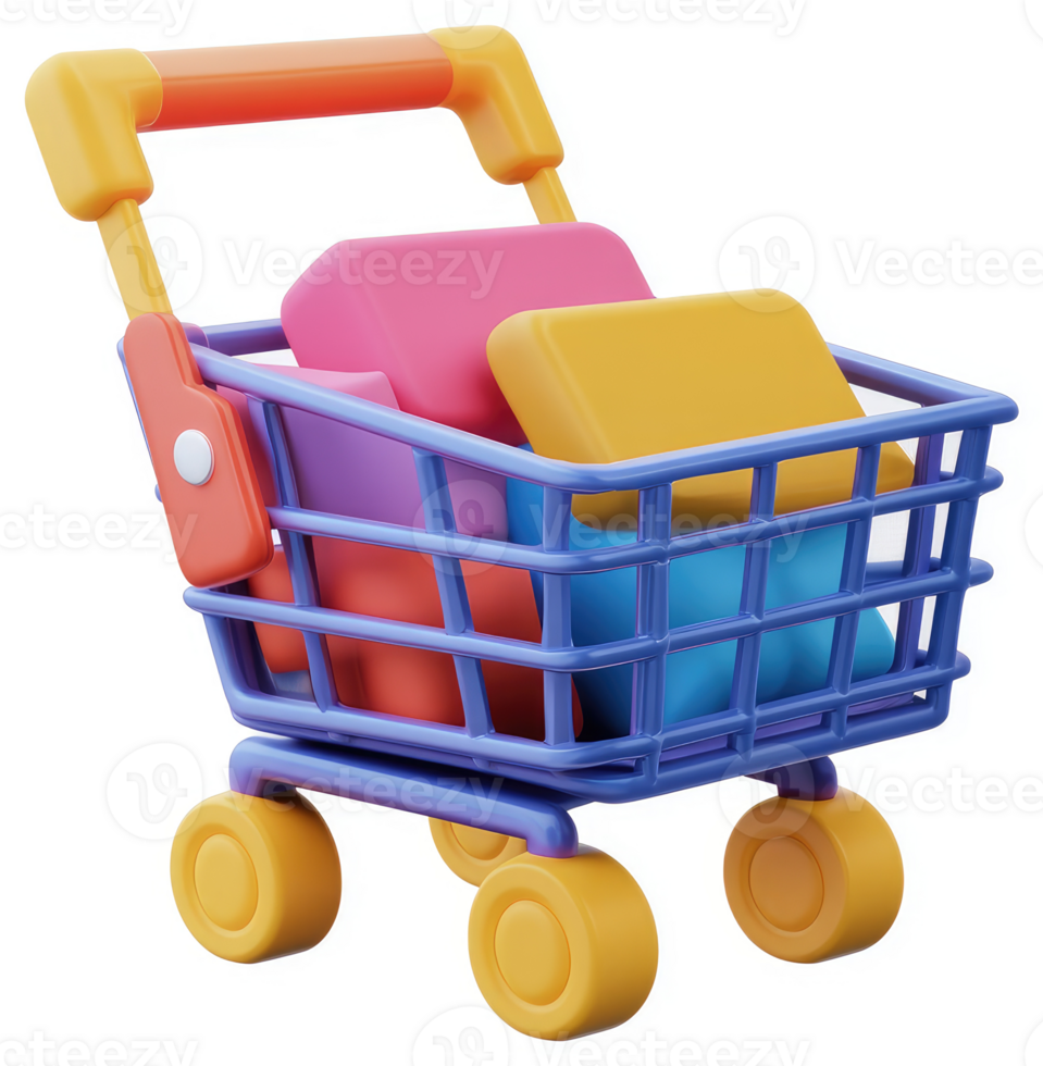Colorful shopping cart filled with purchases. png