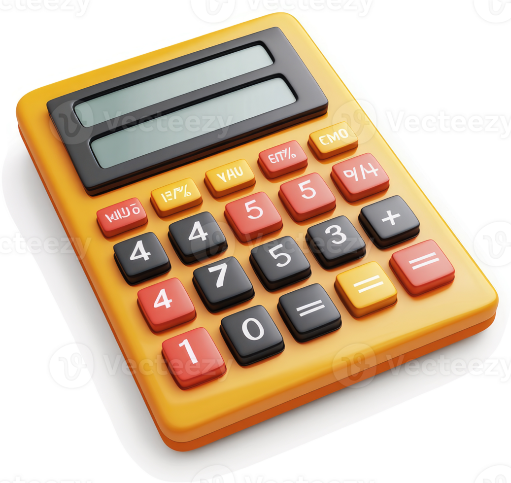 Orange calculator with numerical buttons and a display. png