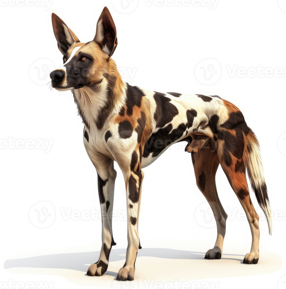 Spotted dog standing proudly, displaying african hunting dog markings. png
