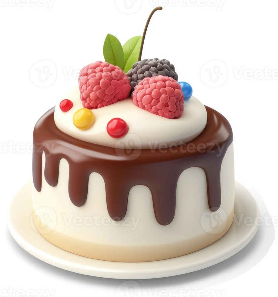 Delicious frosted cake topped with berries and chocolate. png