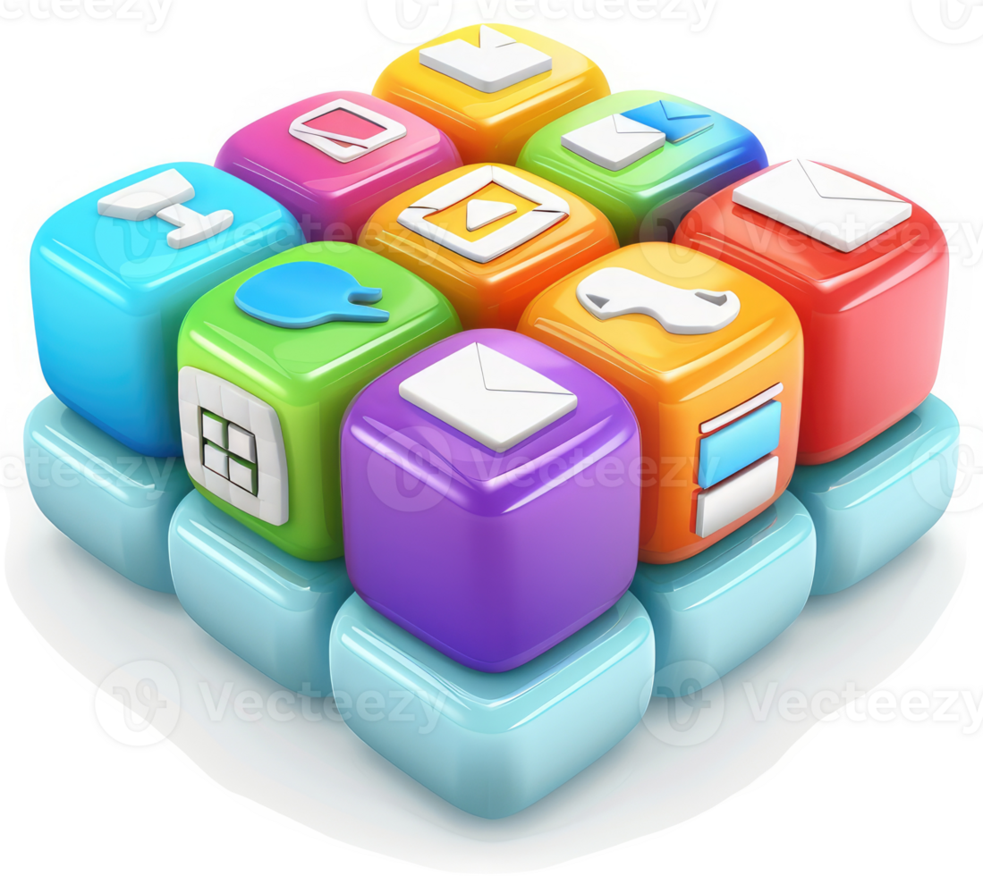 Colorful app icons arranged in a 3d cube shape. png