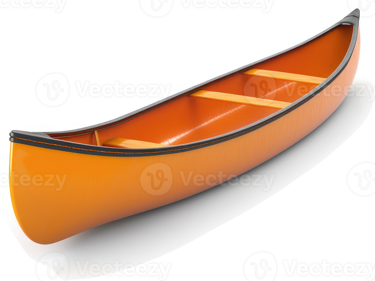 Orange canoe with interior dividers sits on a white surface. png