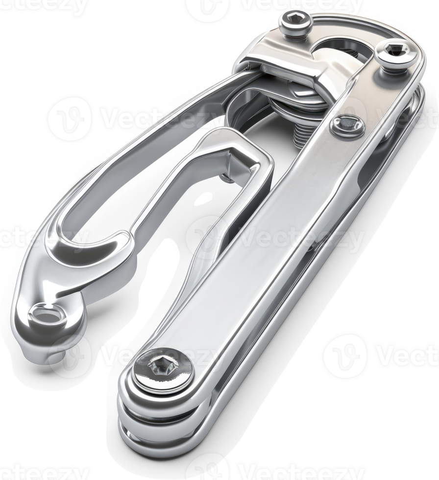 Polished metal multi-tool with a carabiner clip. png