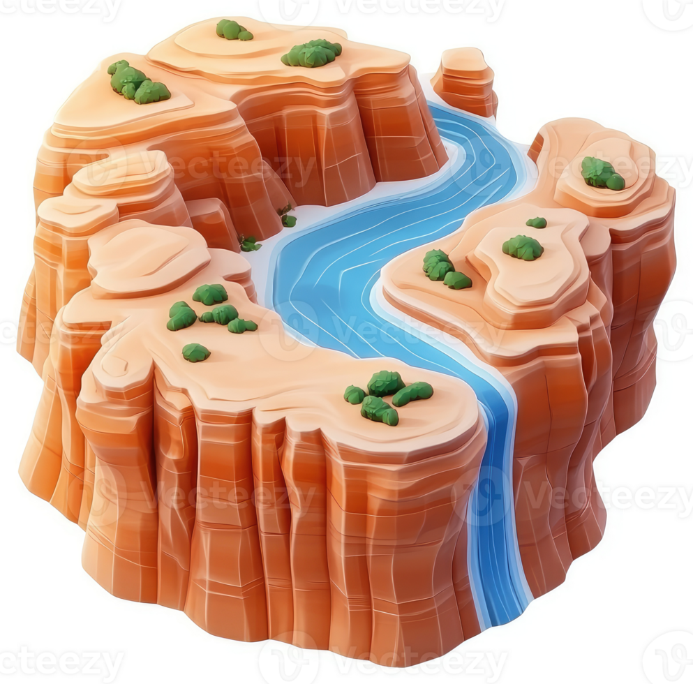 Canyon landscape with a flowing river and waterfall. png