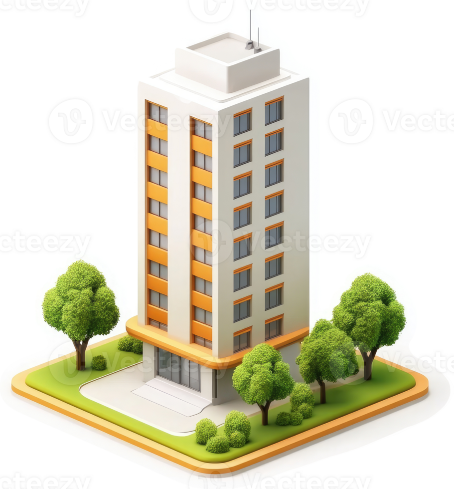 Urban high-rise building with landscaping. png