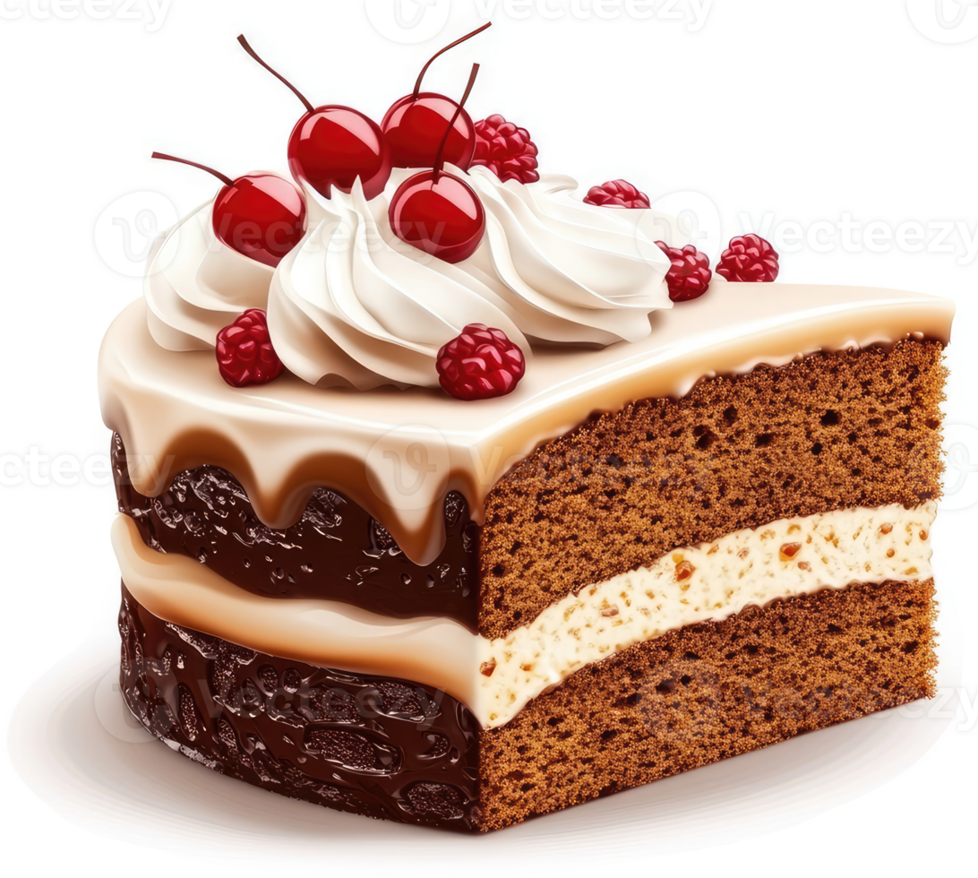 Delicious chocolate cake slice decorated with whipped cream and berries. png