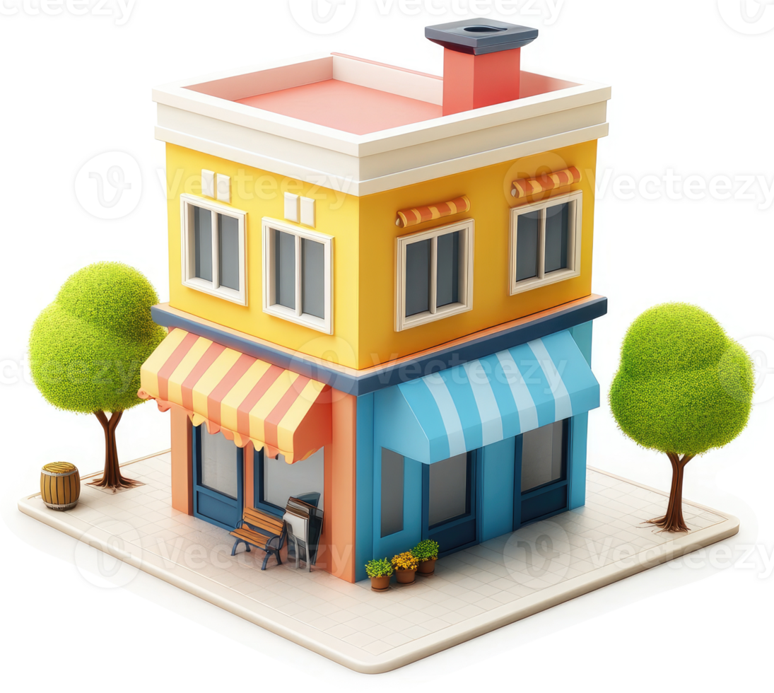 Colorful storefront building illustration with awnings. png