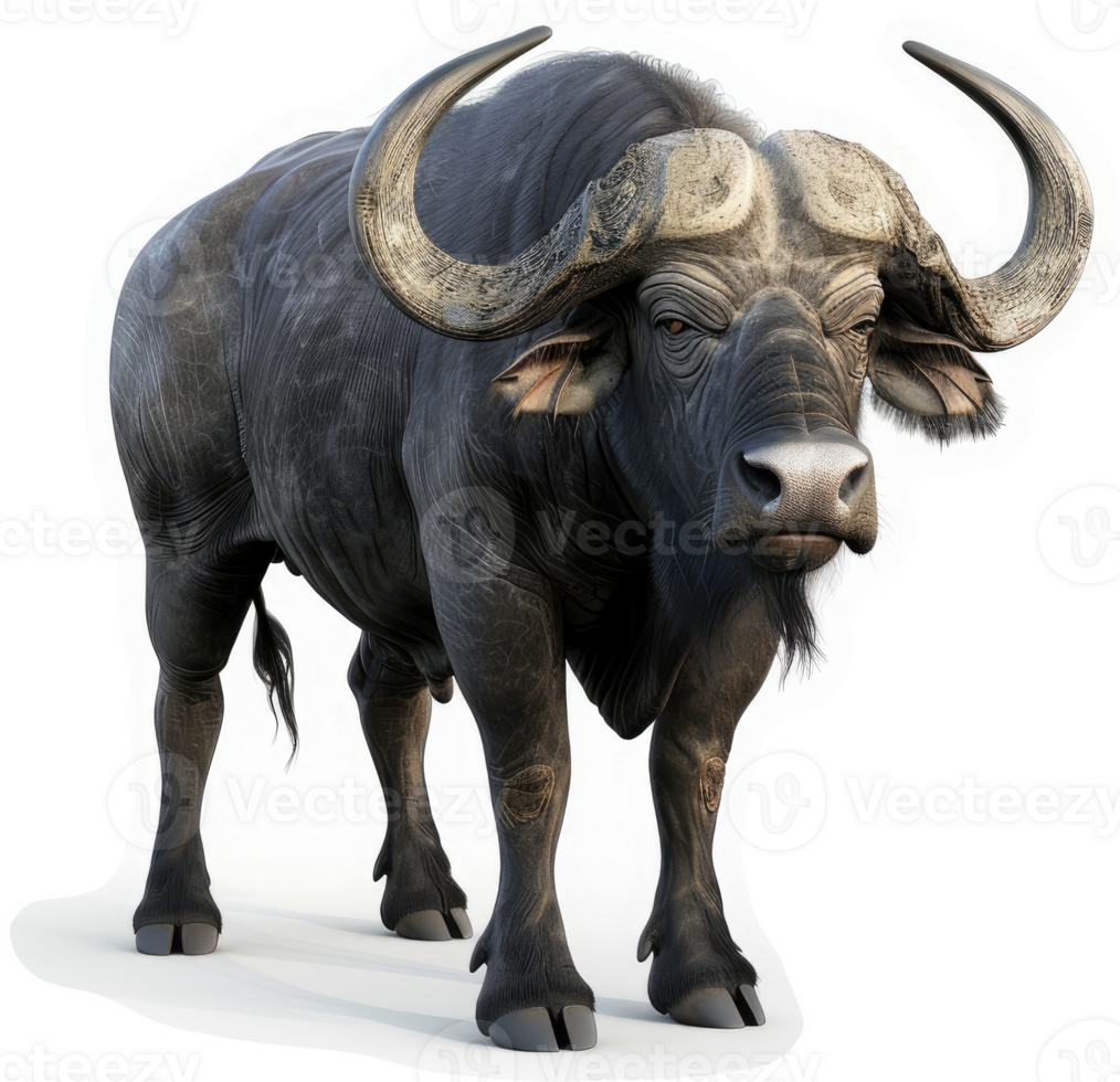 Powerful African buffalo stares directly at the viewer. png