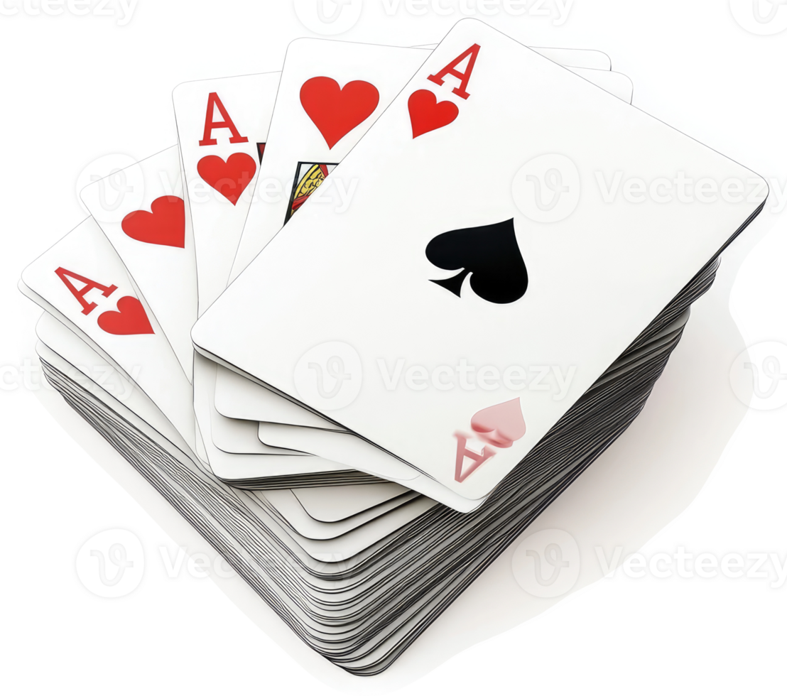 Stacked playing cards displaying multiple aces. png
