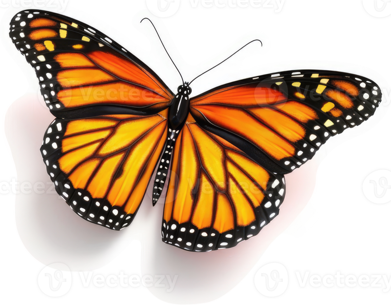 Vibrant monarch butterfly displays intricate wing patterns. png