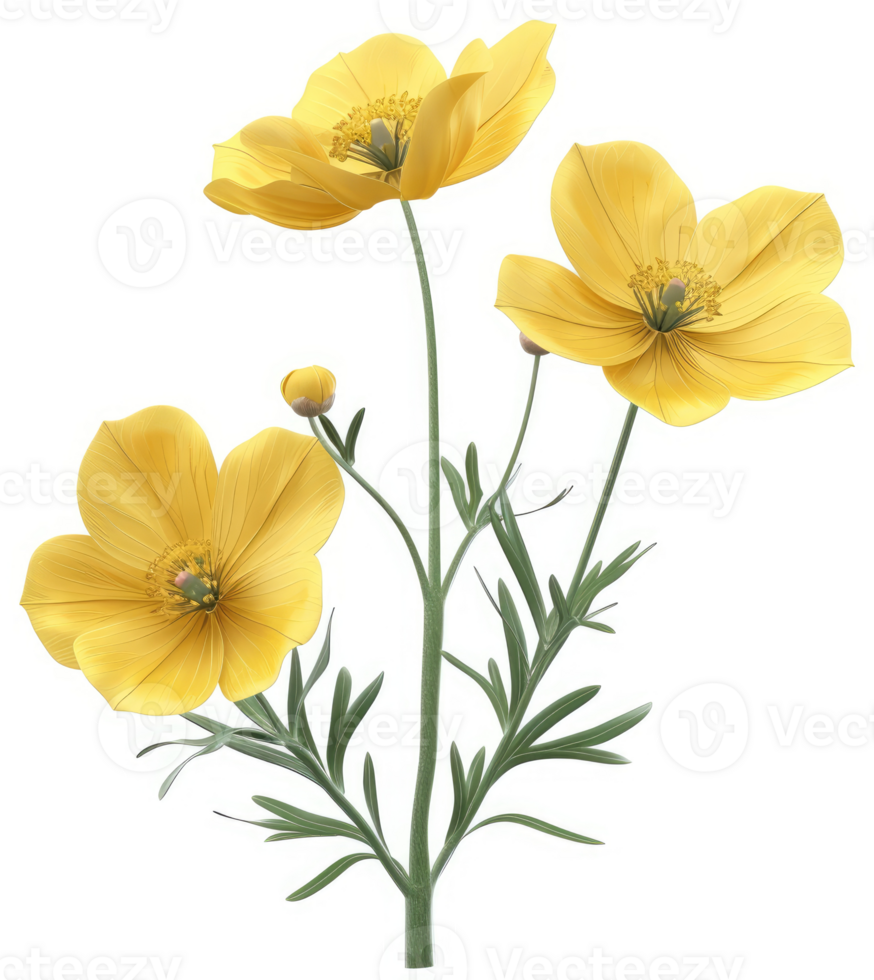 Three vibrant yellow wildflowers with delicate green stems. png