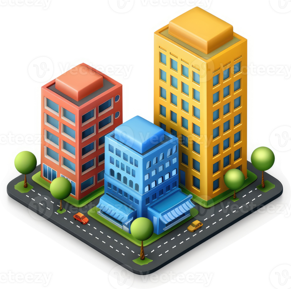 Colorful city buildings and streets in an isometric style. png