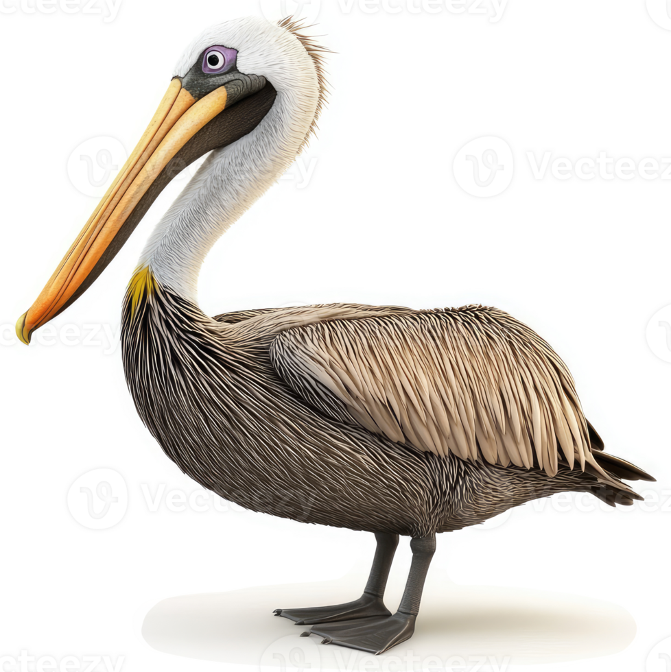 Brown pelican portrait against a white background. png