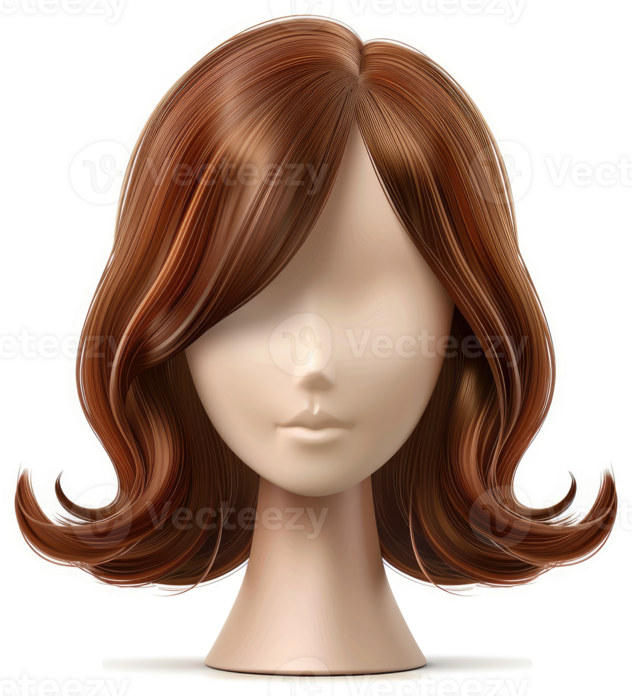 Curly auburn wig styled on a mannequin head. png