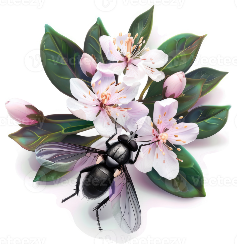 Vibrant blossoms and a fly rest on verdant leaves. png