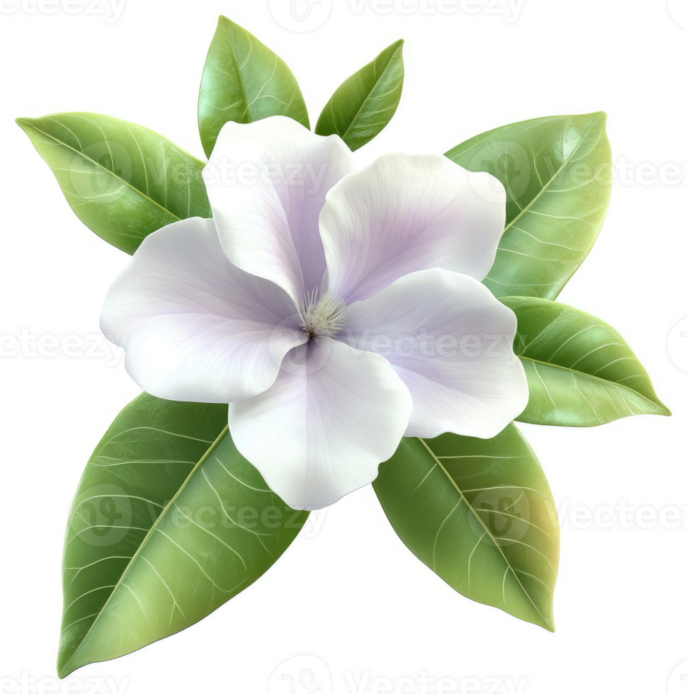 Delicate light purple magnolia flower with lush green leaves. png