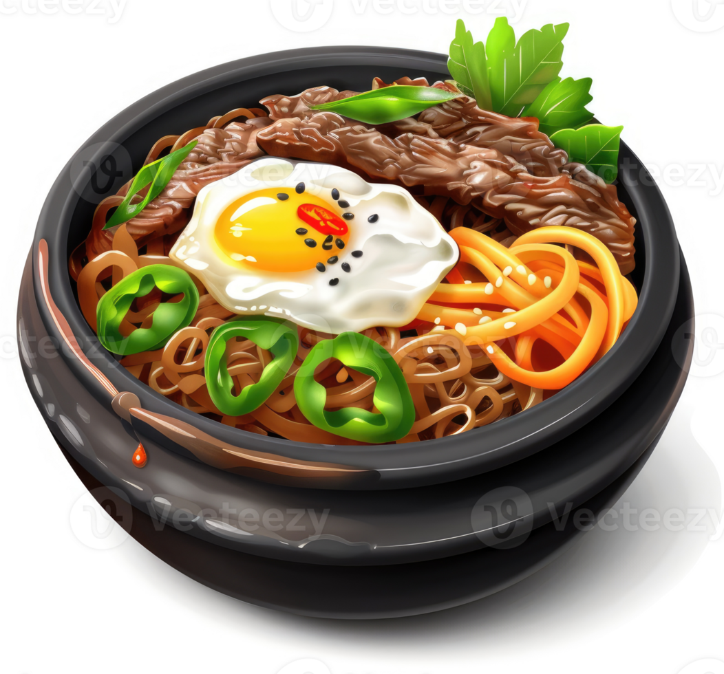 Korean beef bowl with egg and vegetables. png