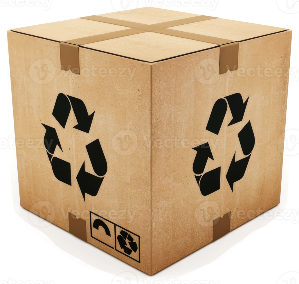 Recycled cardboard box with reuse symbol. png