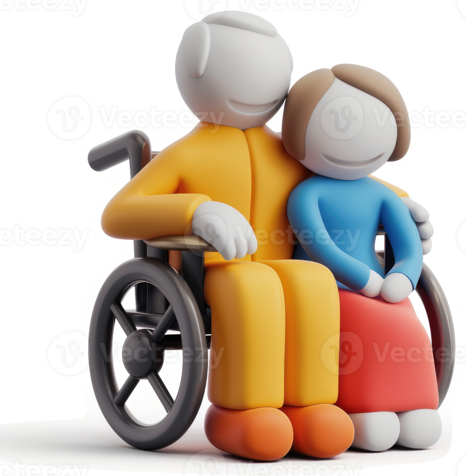Elderly couple in a wheelchair, embracing in care. png