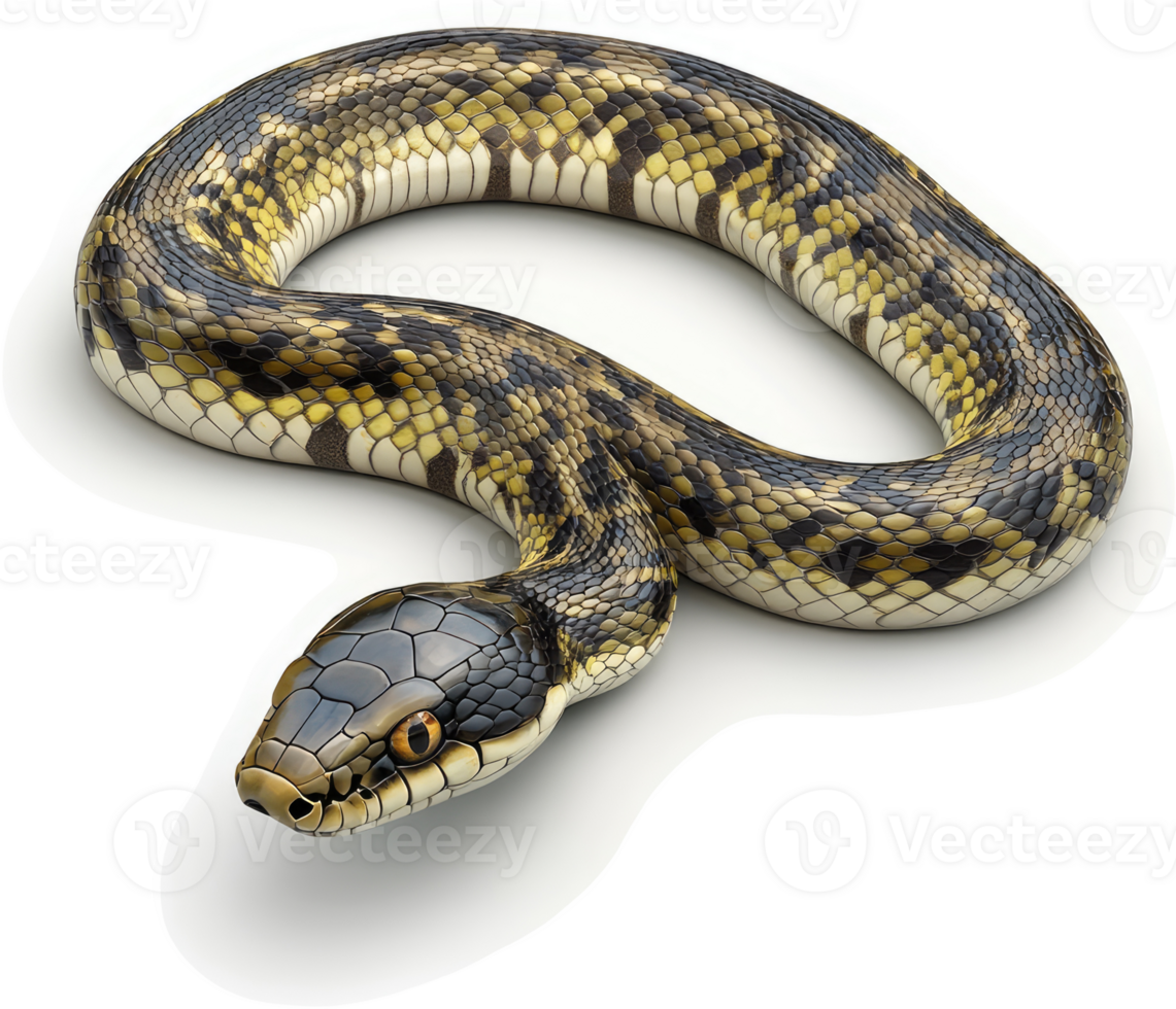 A coiled snake with a patterned body displays its head. png