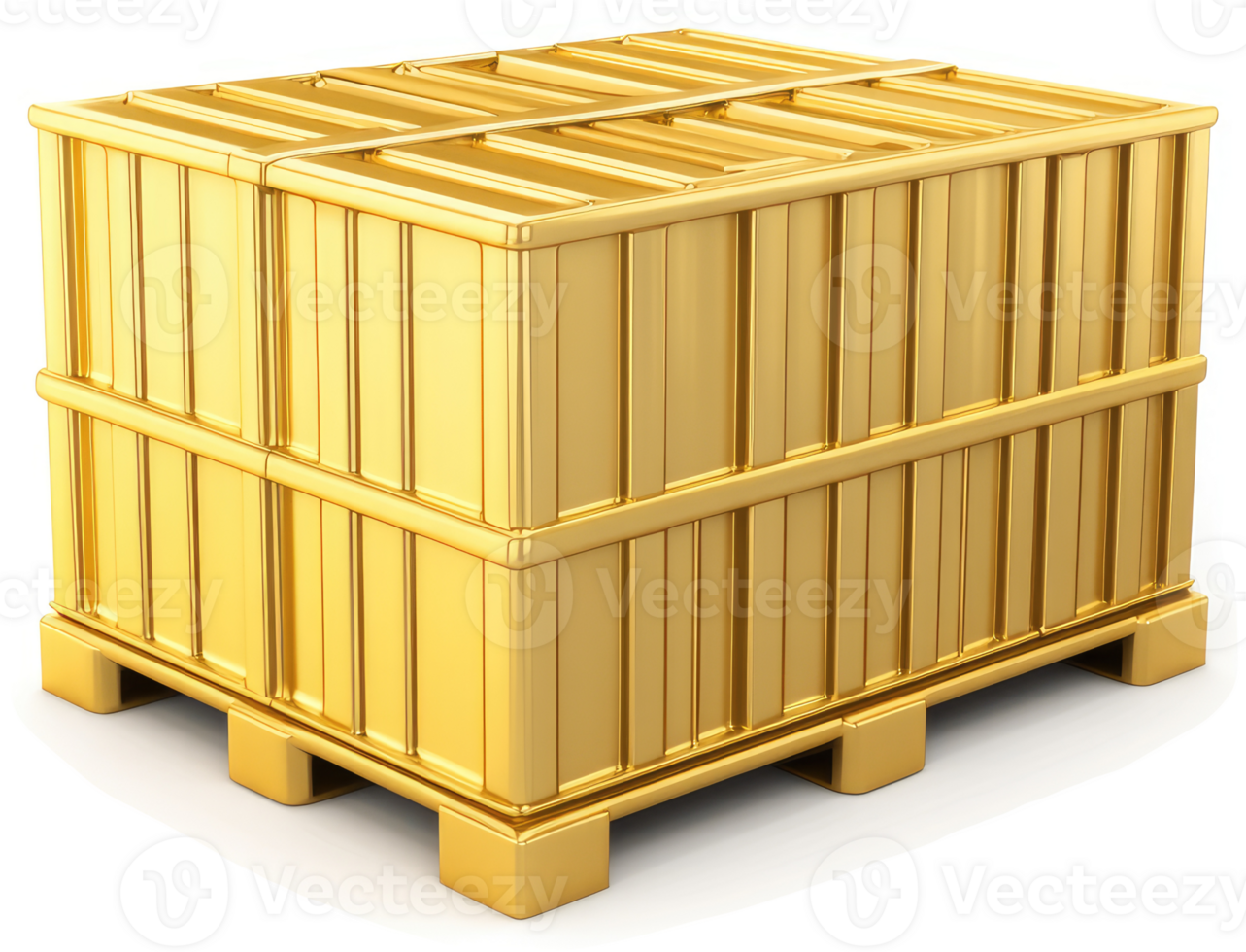 Golden metal shipping crate on a pallet. png
