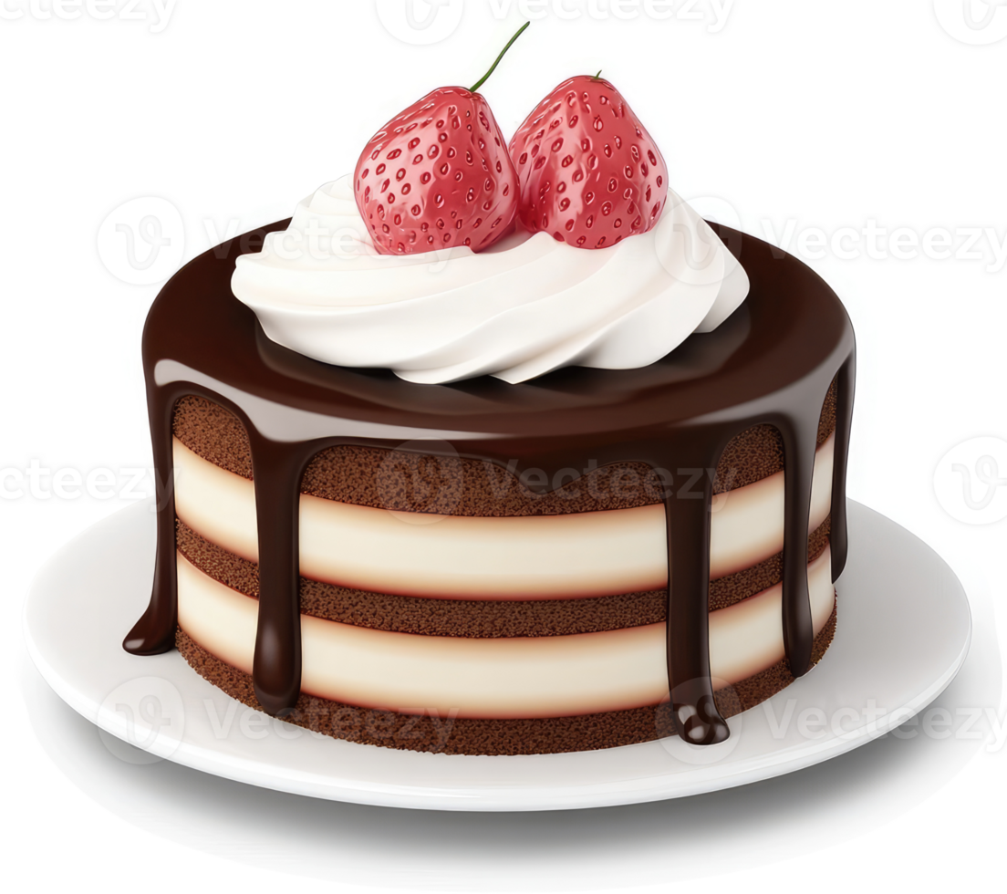 Delicious chocolate cake layered with whipped cream and strawberries. png