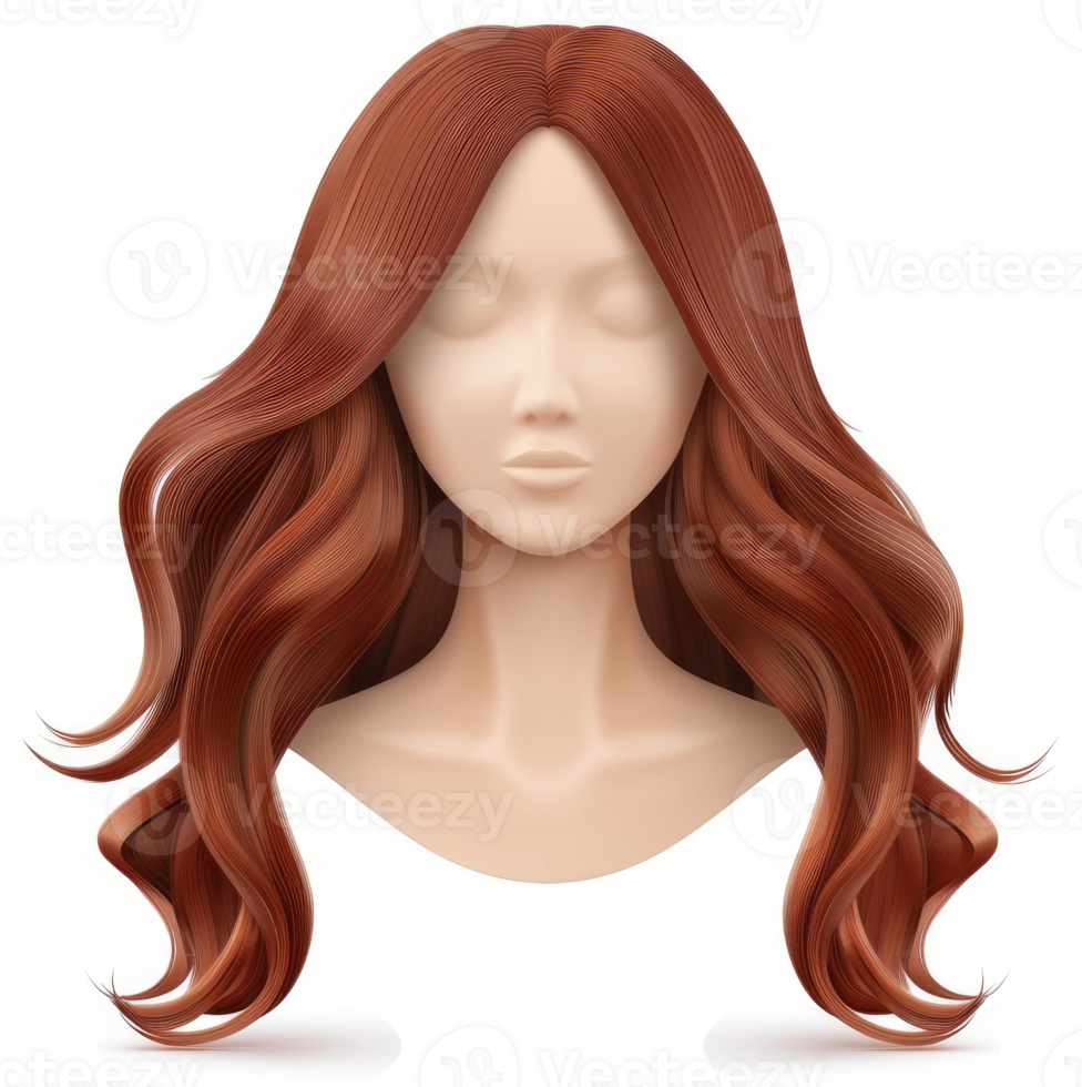 Radiant auburn waves adorn a digital mannequin head. png