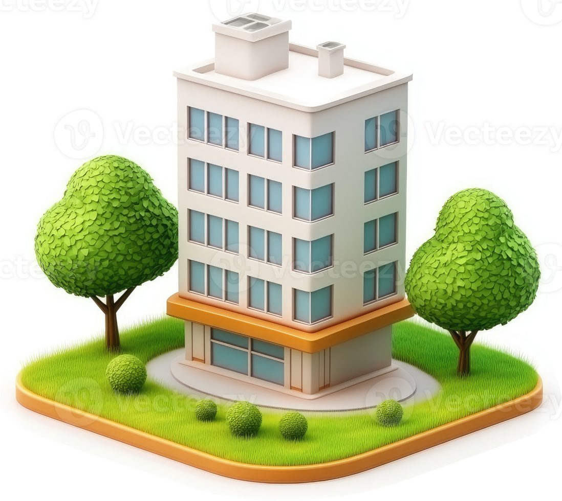 Modern multi-story building with landscaping. png