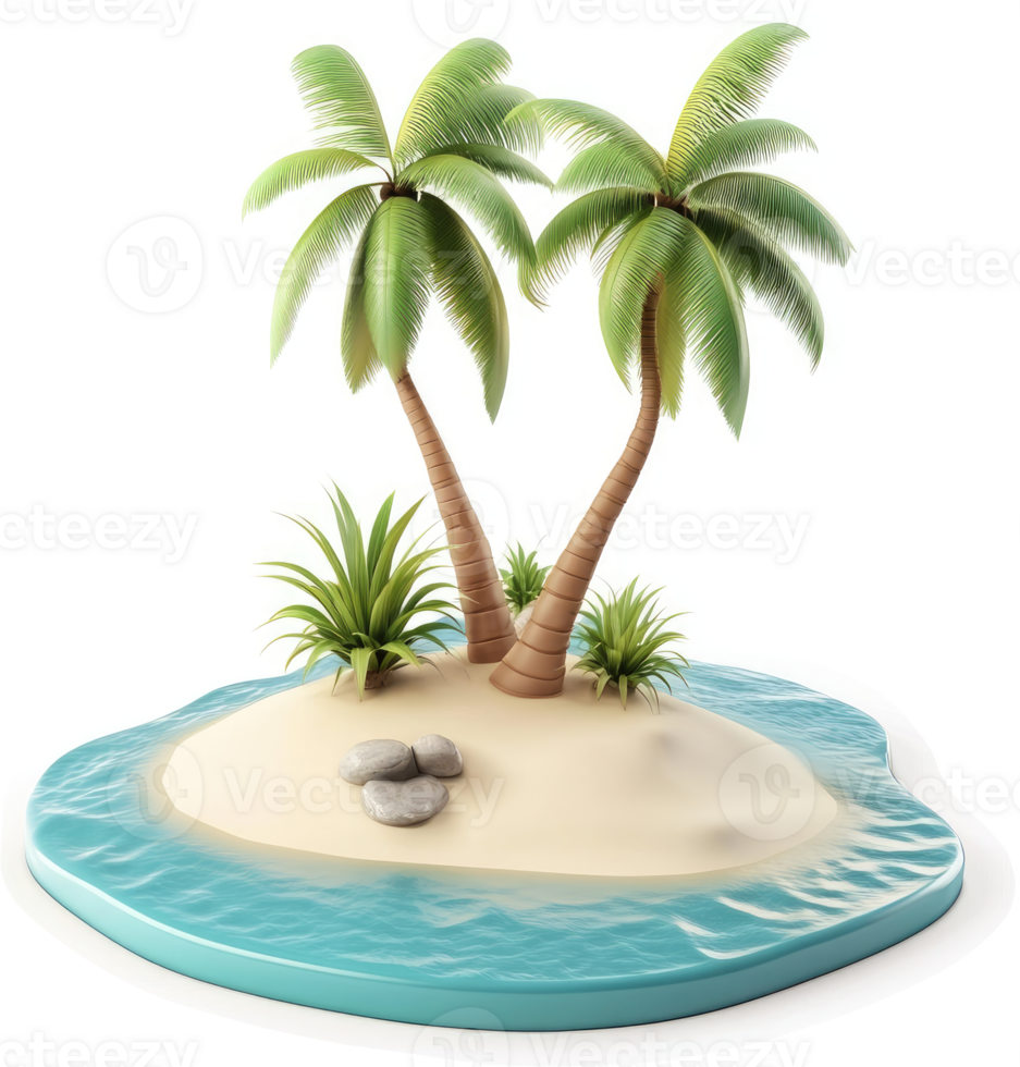 Tropical island paradise with two palm trees. png