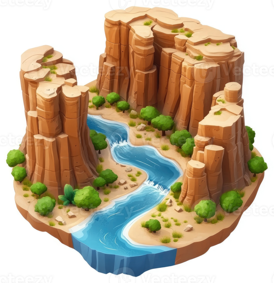 Elevated view of a canyon landscape with a flowing river. png