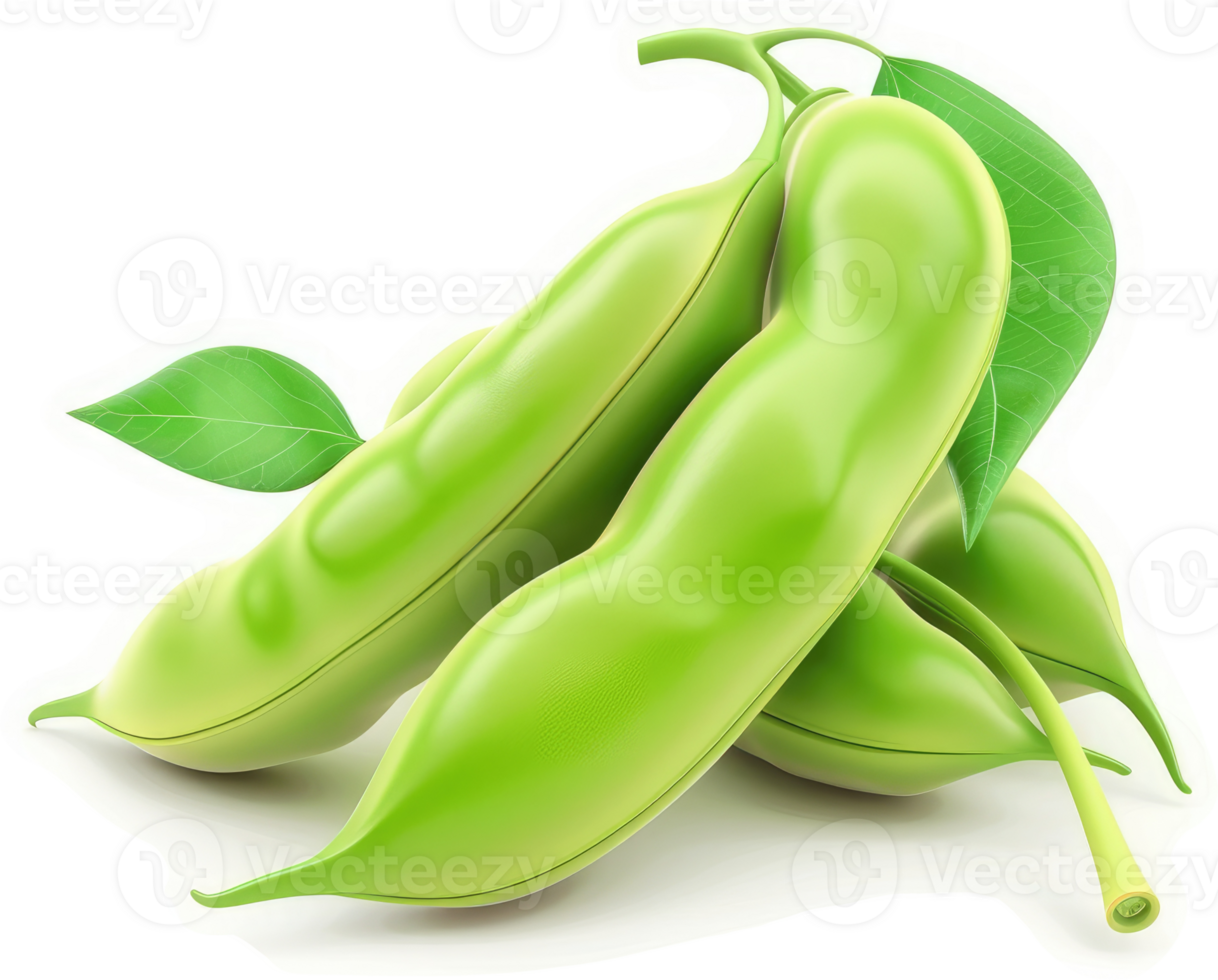 Fresh, vibrant green beans in a three-pod cluster. png