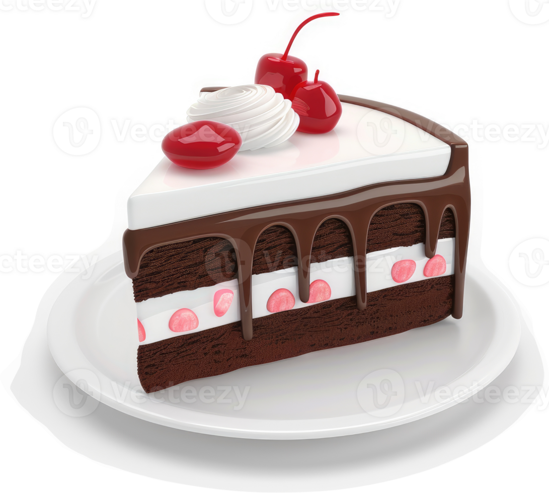 Decadent chocolate cake slice with whipped cream and cherries. png