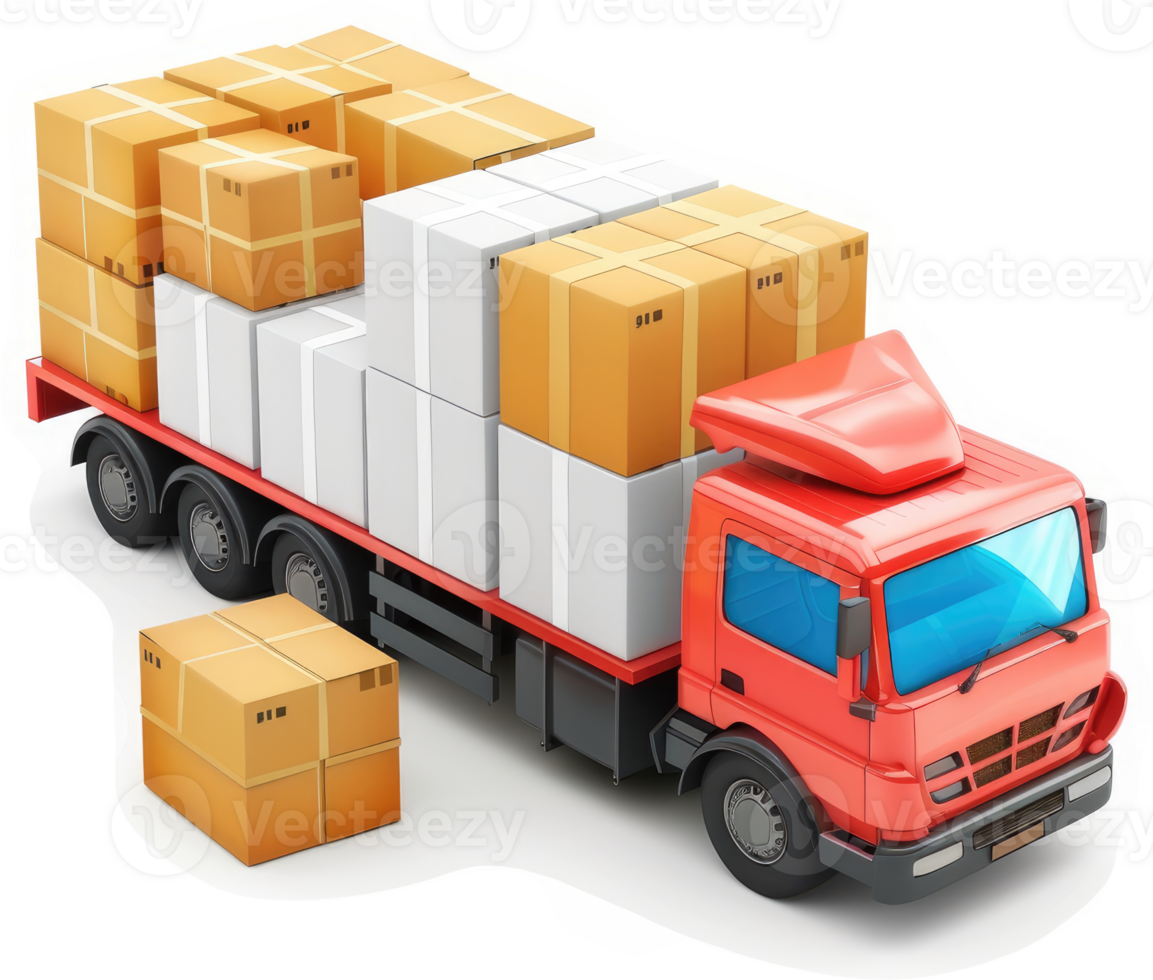 Red truck transports cargo boxes on a flatbed. png