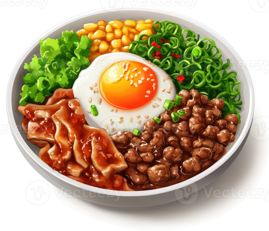 Colorful mixed grain bowl with savory protein and vibrant vegetables. png