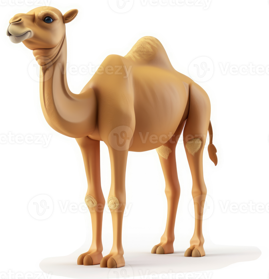 Cartoon camel stands poised in a desert scene. png