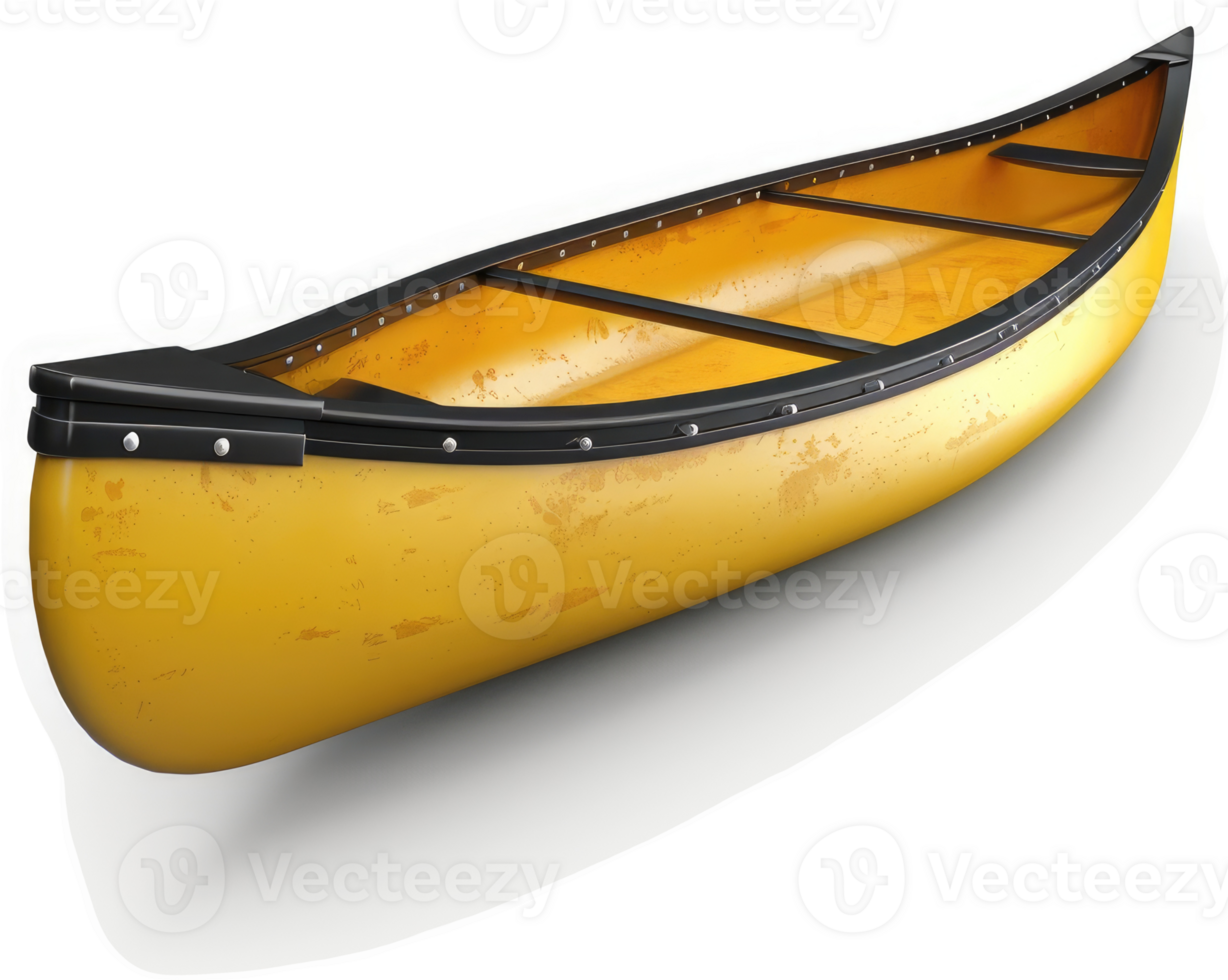 Canoe, yellow, with black accents, resting on a plain surface. png