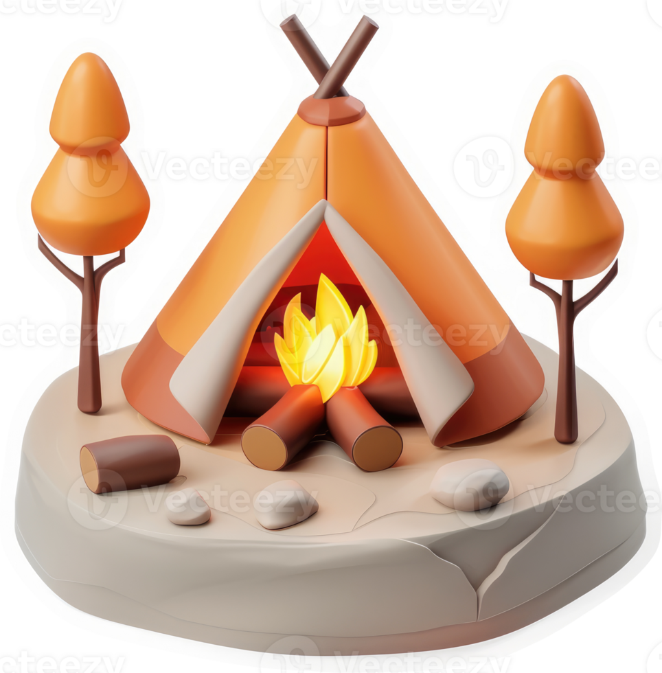 Cartoonish camping scene with a warm fire. png