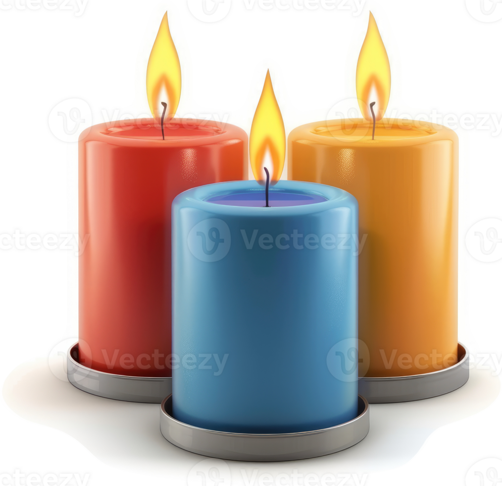 Three colorful candles with burning flames. png