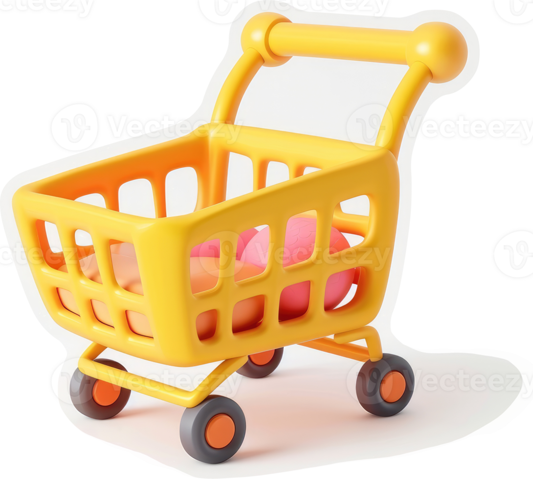 A bright yellow shopping cart filled with various colored items. png