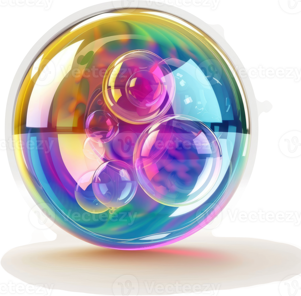 Multicolored soap bubbles within a larger iridescent sphere. png