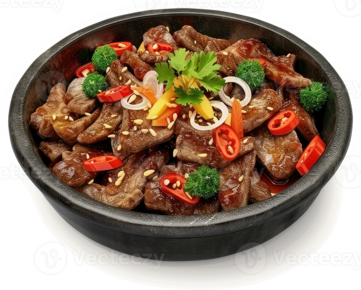 Savory stir-fried beef dish in a dark stone bowl. png