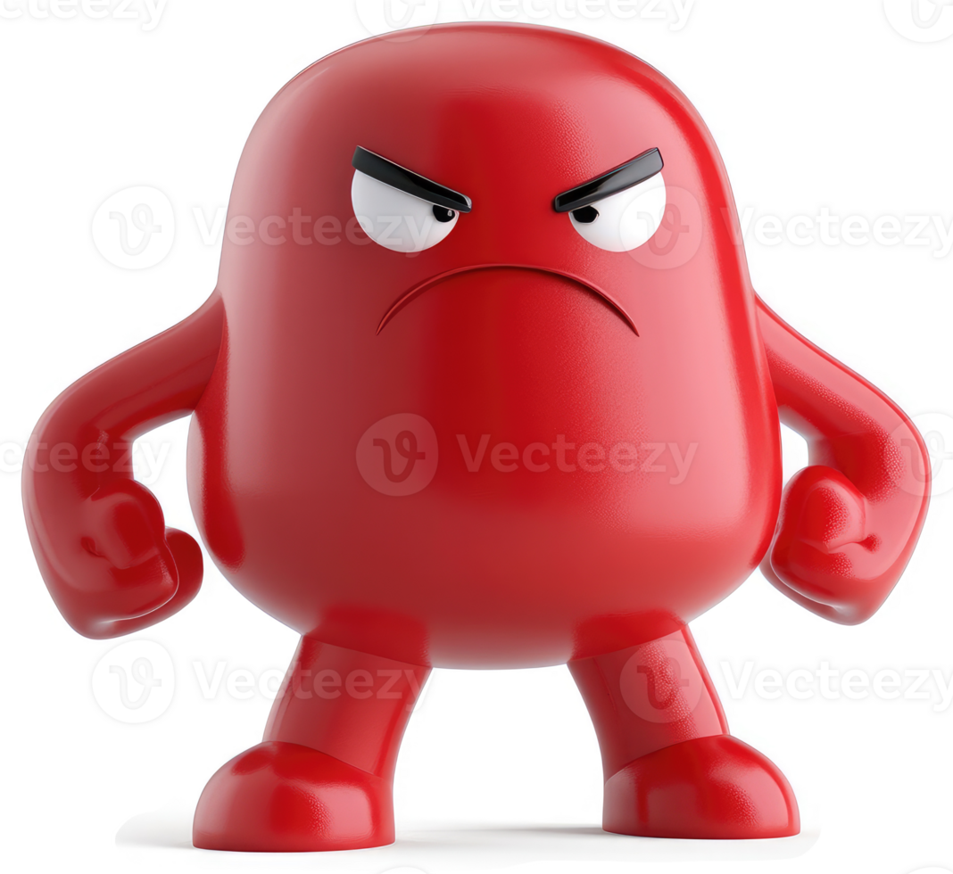 Red, angry cartoon character stands defiantly. png