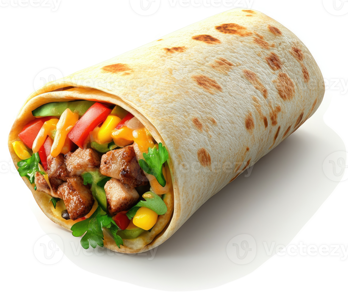 Deliciously filled burrito with chicken, veggies, and cheese. png