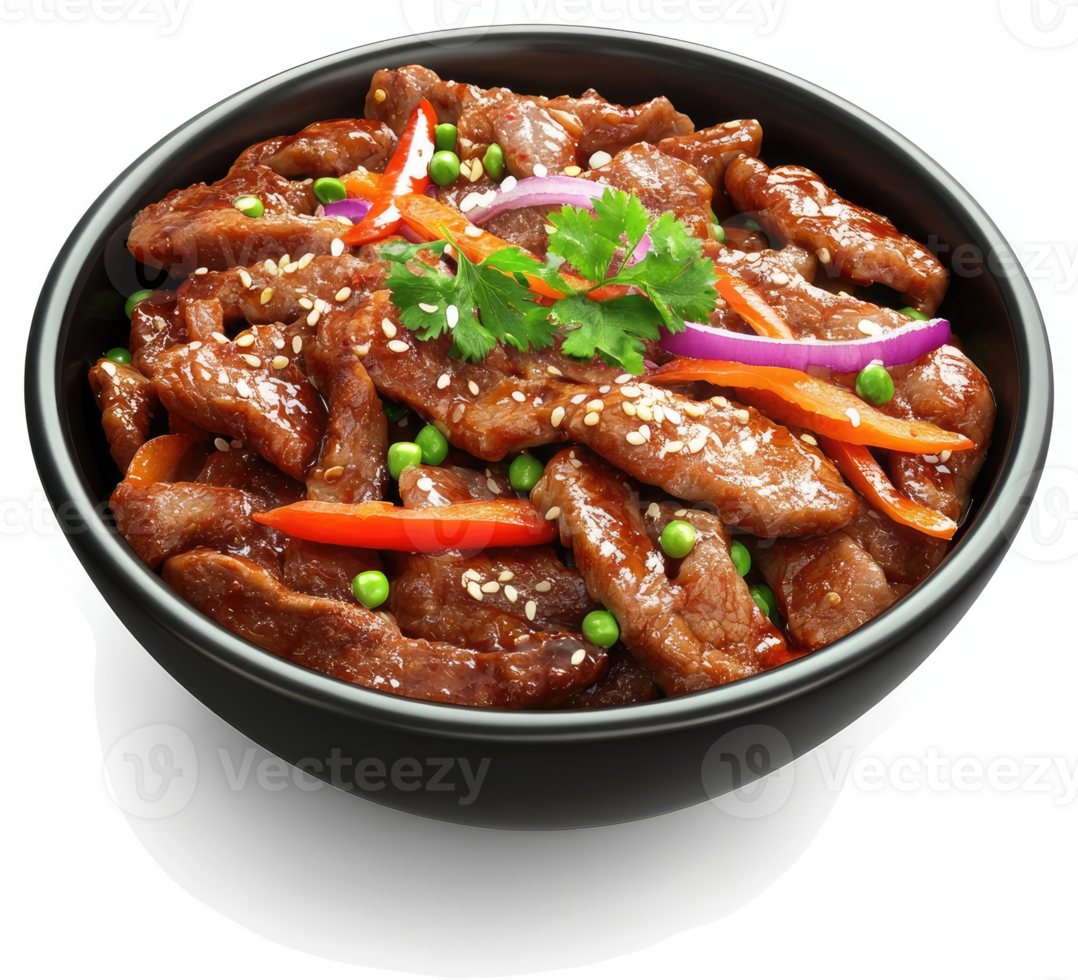 Savory beef and vegetable stir-fry bowl. png