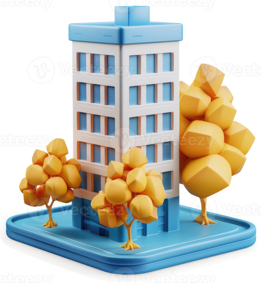 Urban building with stylized trees, a 3d model. png