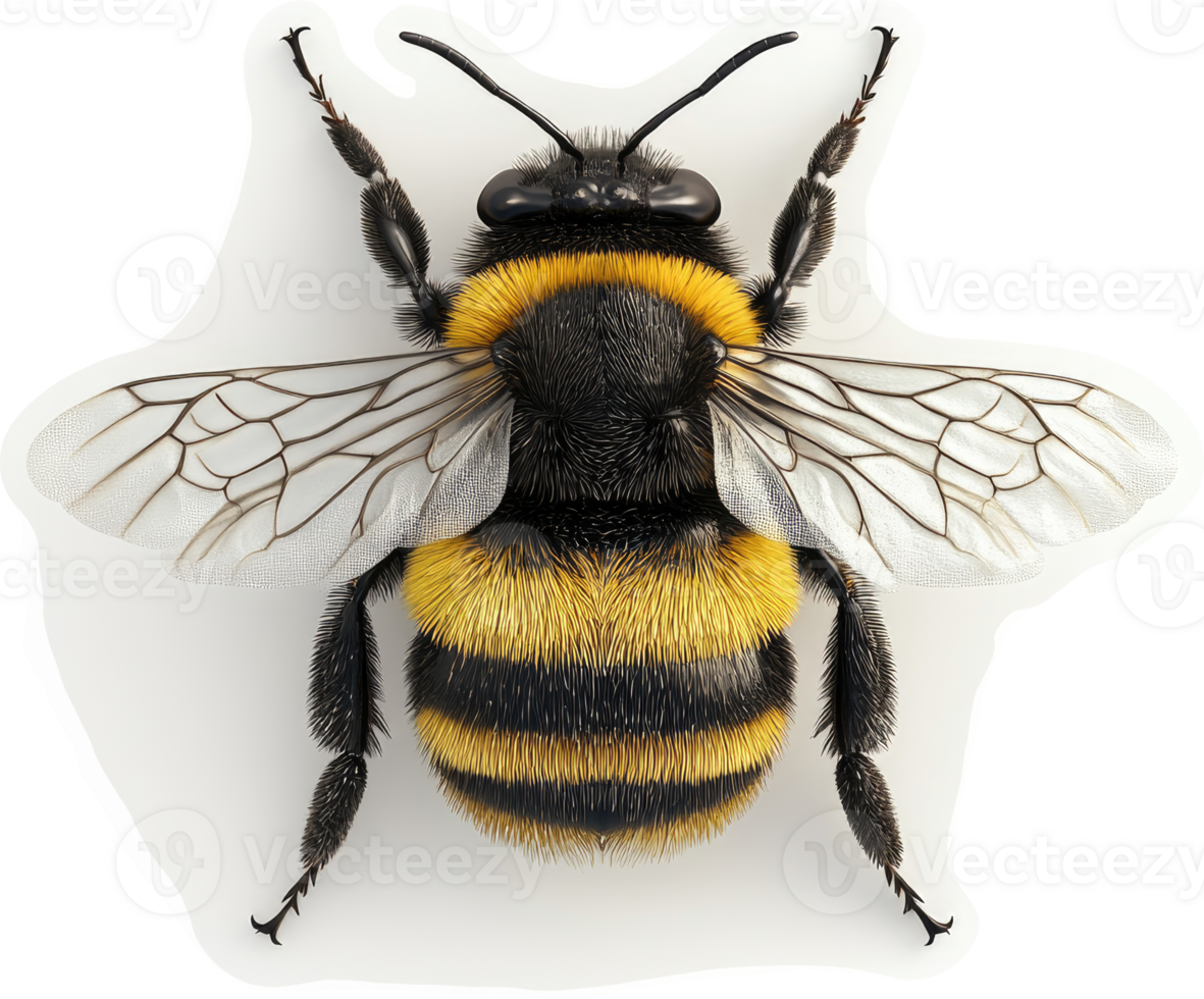 Detailed view of a fuzzy, striped bee with transparent wings. png