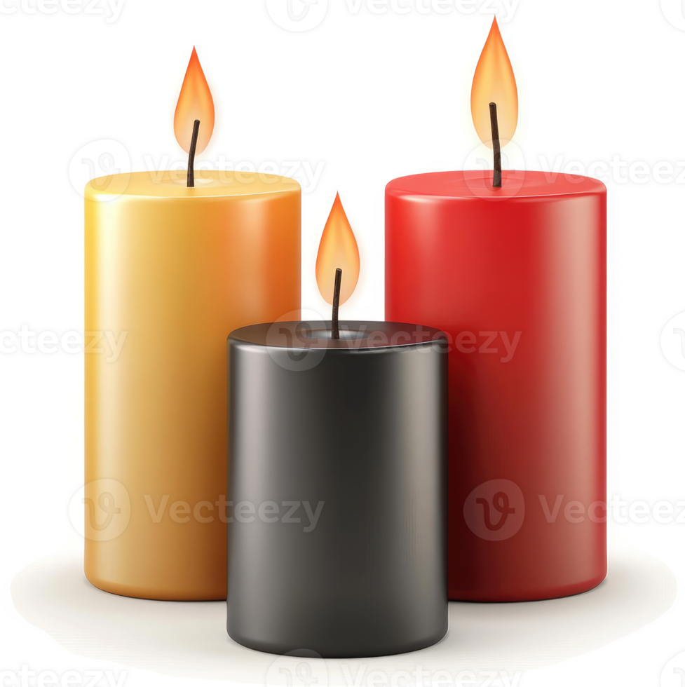Three cylindrical candles in shades of yellow, black, and red. png