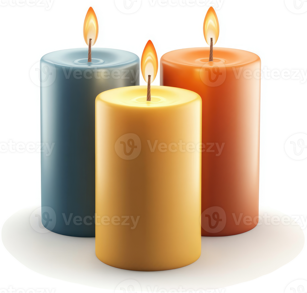 Three cylindrical candles, various colors, produce light. png