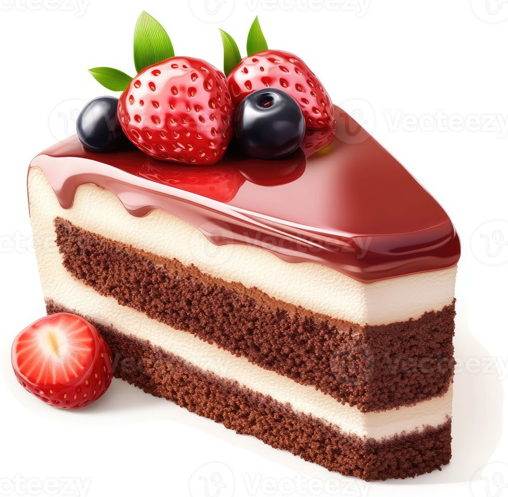 Delicious chocolate cake slice topped with fresh berries. png