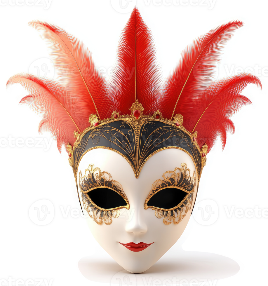 Ornate Venetian carnival mask with crimson feathers. png